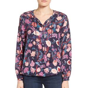 Lucky Brand Navy Blue Floral Printed Long Sleeve Peasant Blouse Top Large